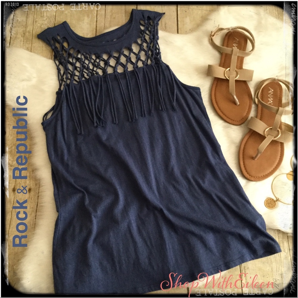Rock & Republic Dusty Blue Macrame Fringe Western Concert Tank Top